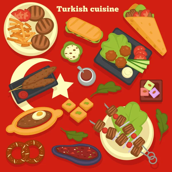 Traveling Turkish Cuisine Meals Dishes Culinary Recipes Vector Turkey Kitchen — Stock Vector