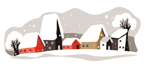 Frosty Snowy Weather City Village Cityscape Streets Houses Trees Covered — Stock Vector
