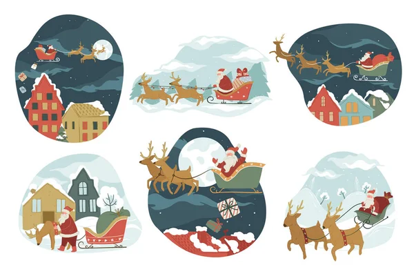 圣诞节和新年寒假庆祝活动 圣诞老人会乘机或乘着雪橇送圣诞礼物 满月星空的夜晚 雪城尽收眼底 平面内的问候向量 — 图库矢量图片