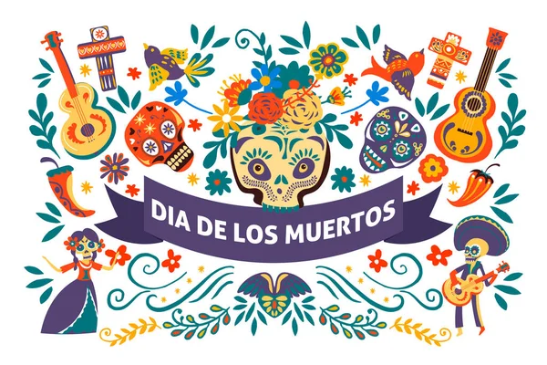 Férias Mexicanas Dia Los Muertos Banner Com Símbolos Evento Cultural —  Vetores de Stock