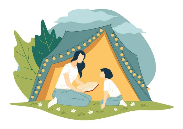 Camping Familial Vacances Été Loisirs Mère Lisant Des Histoires Livre — Image vectorielle