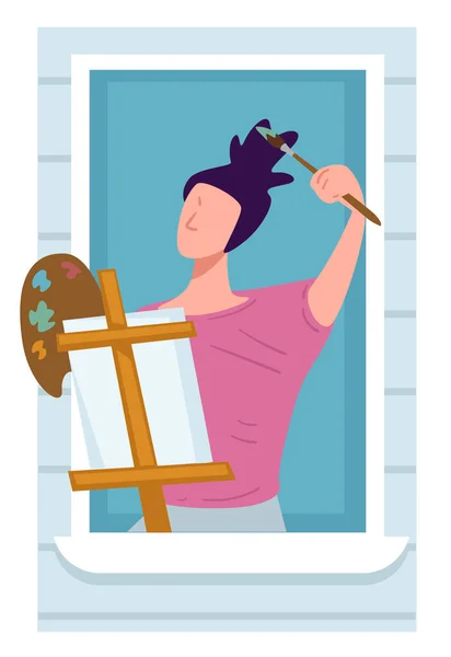 Pintor Com Tintas Cavalete Desenho Casa Personagem Feminina Trabalhar Obra — Vetor de Stock