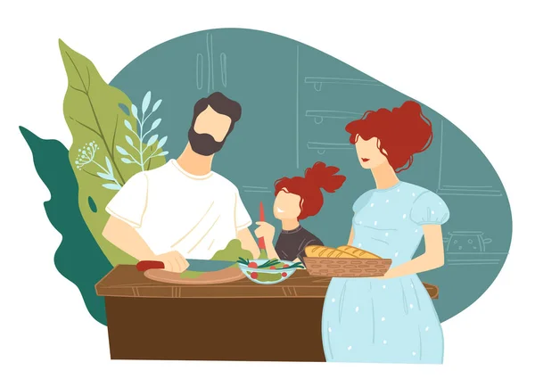 Mom Dad Cooking Dinner Together Mother Father Daughter Preparing Dishes — Stock Vector