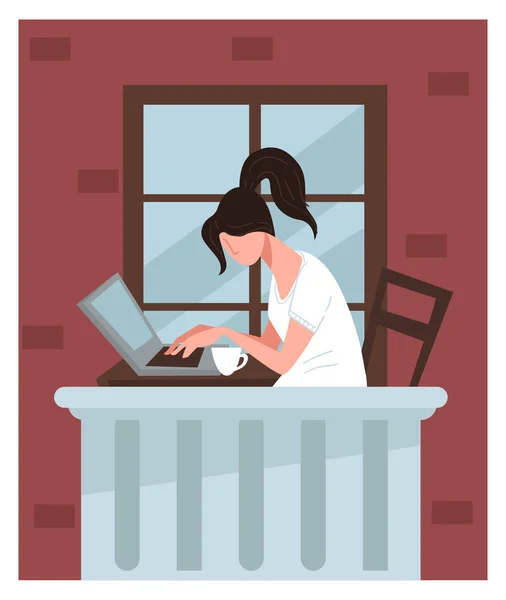 Freelancer Nebo Student Pracující Počítači Venku Balkóně Ženská Postava Laptopem — Stockový vektor