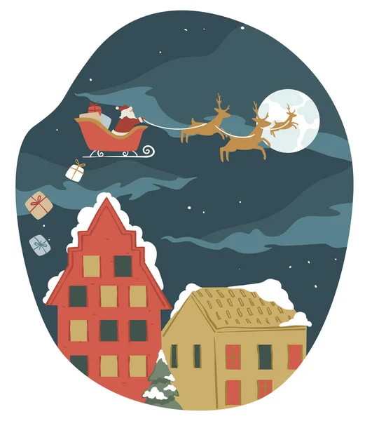 メリークリスマスと新年のお祝いや冬の休日との挨拶 トナカイとそりでサンタクラスに乗ると市民にプレゼントを与えます 夜の雪景色ベクトルのフラット — ストックベクタ