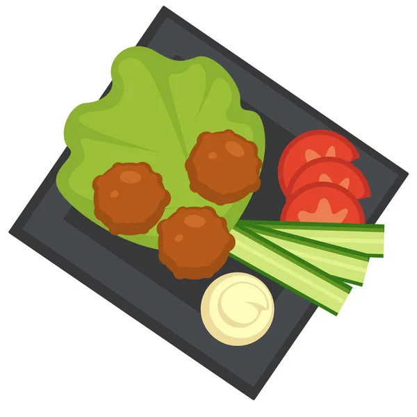 Westliche Küche Vereinzelte Frikadellen Auf Salatblättern Saure Sahnesoße Mit Gurken — Stockvektor