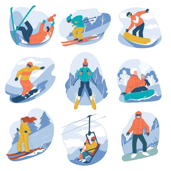 Skiing and snowboarding people, active lifestyle and extreme winter sports. Character equipped sliding down hill on board. Snowboarders and skiers in wintertime holidays. Vector in flat style