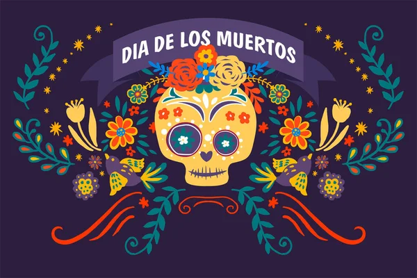 死了的横幅与装饰植物和树叶的日子 Dia Los Muertos 庆祝传统的墨西哥节日 头盖骨华丽 有植物学 花卉和叶柄 呈扁平的载体 — 图库矢量图片