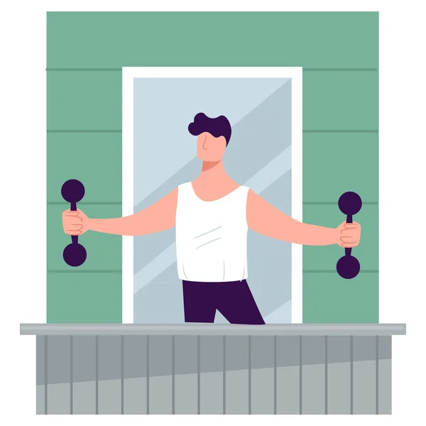 Fit Blijven Spieren Thuis Trainen Mannelijk Karakter Met Halters Die — Stockvector