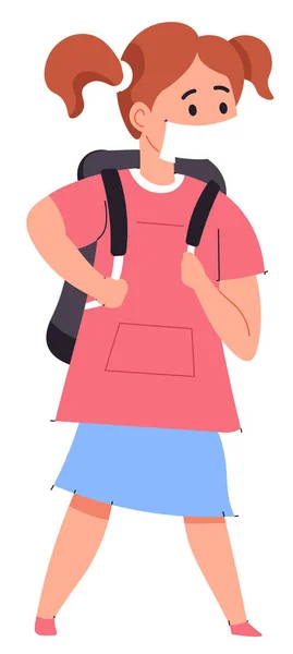 Mädchen Mit Schulranzen Und Schutzmaske Auf Dem Schulweg Wiedereröffnung Von — Stockvektor