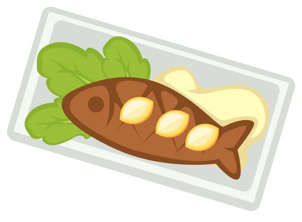 Pescado Frito Plancha Servido Con Salsa Crema Agria Hojas Ensalada — Vector de stock