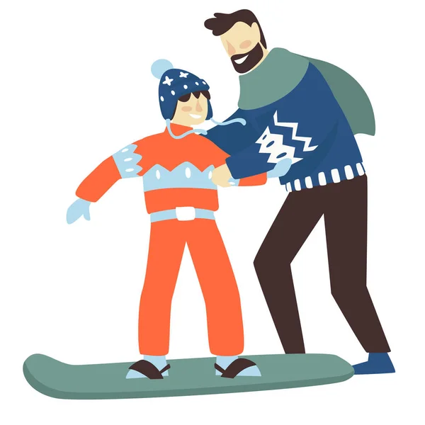 寒假和节假日活动 爸爸教小儿子玩滑雪板爸爸或教练帮助孩子学习运动基础知识 冷季病媒中的休憩和放松 — 图库矢量图片