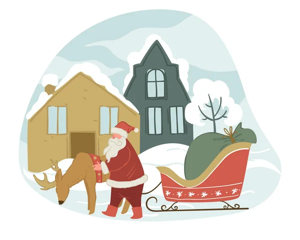 祖父用驯鹿和雪橇在冬季城市结霜 圣诞和新年的祝福 节日的庆祝活动 城市景观 屋顶上覆盖着雪 矢量呈扁平型 — 图库矢量图片