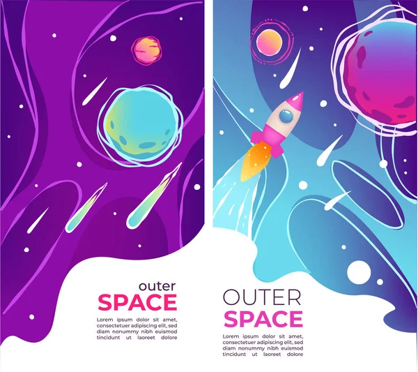 Descoberta Espaço Exterior Exploração Universo Banners Com Amostra Texto Foguete —  Vetores de Stock