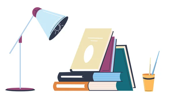 現代のランプ 鉛筆やカップのペンと本や教科書 オフィスや学校用品 学生や子供のための出版物 研究と学習 スキルの開発 フラットスタイルのベクトル — ストックベクタ