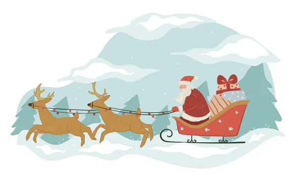 圣诞老人带着礼物骑着雪橇和驯鹿 爷爷用霜冻的方式向圣诞节和新年致意 为寒假送礼 圣诞节礼物给人 季节性的快乐 — 图库矢量图片