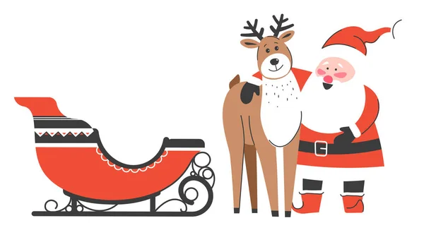 快乐的圣诞人物在等待新年和圣诞节的到来 圣诞老人用雪橇抱着驯鹿 有趣的人物享受着北极的冬季 矢量呈扁平型 — 图库矢量图片