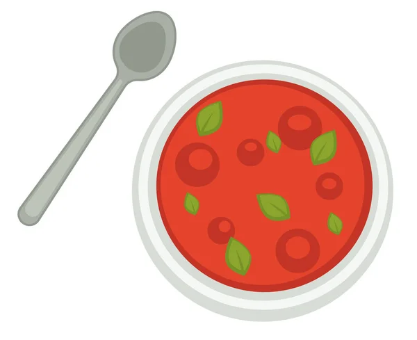 Mexican or italian cuisine including tomatoes and basil leaves. Traditional dishes of mediterranean countries. Gazpacho served in restaurant or diner on breakfast or lunch. Vector in flat style — Stock Illustration Mexican Italian Cuisine Including Tomatoes Basil Leaves Traditional Dishes Mediterranean Stock Illustration