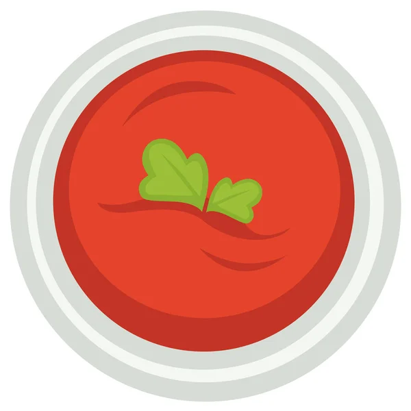 Italian cuisine, isolated icon of bowl with tomato creamy soup and parsley leaf on top. Vegetarian and vegan dishes cooked at home or restaurant. Spicy mexican meal in diner. Vector in flat style — Stock Illustration Italian Cuisine Isolated Icon Bowl Tomato Creamy Soup Parsley Leaf Royalty Free Stock Illustrations