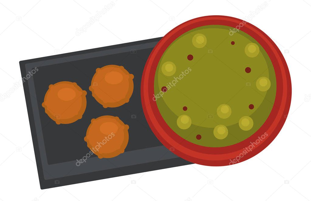 Bowl with pea soup and spices served by meatballs or bread buns. Tasty food in diner, breakfast or lunch. Low calorie and healthy eating out. Recipe for restaurant menu. Vector in flat style
