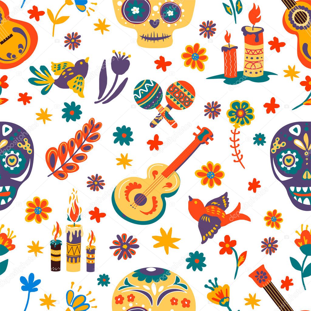 Dia de los muertos seamless pattern with skulls and flowers, floral ornaments and burning candles. Maracas and acoustic guitar, flying birds and musical instruments. Mexican holiday vector in flat