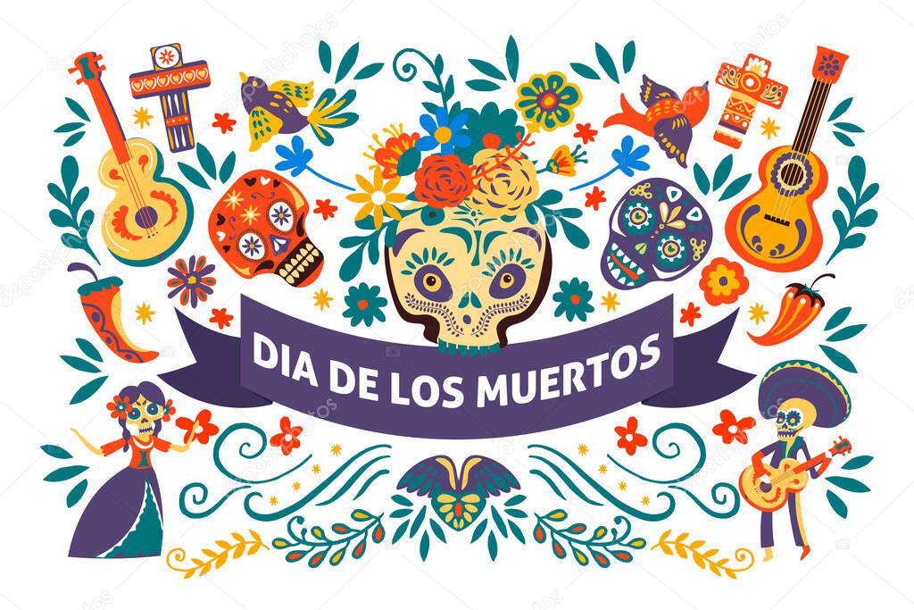 Mexican holiday Dia de los muertos, banner with symbols of cultural event. Day of the dead celebration, skulls and acoustic guitars, crosses and decorative vivid flowers, vector in flat style