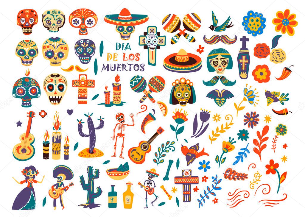 Day of the dead mexican holiday, isolated skulls and sombrero. Dia de los muertos symbols and icons. Flowers and musicians with acoustic guitar, cactus and tequila bottle, cross and maracas vector