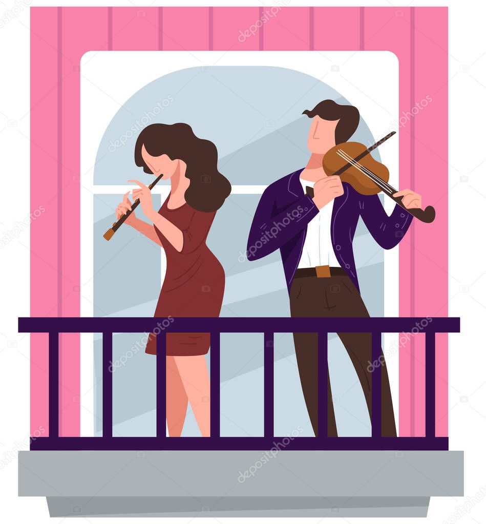 Concert of violinist and flutist on balcony, coronavirus lockdown and quarantine activities during outbreak. Musicians giving performance for neighbors, people in suits. Vector in flat style