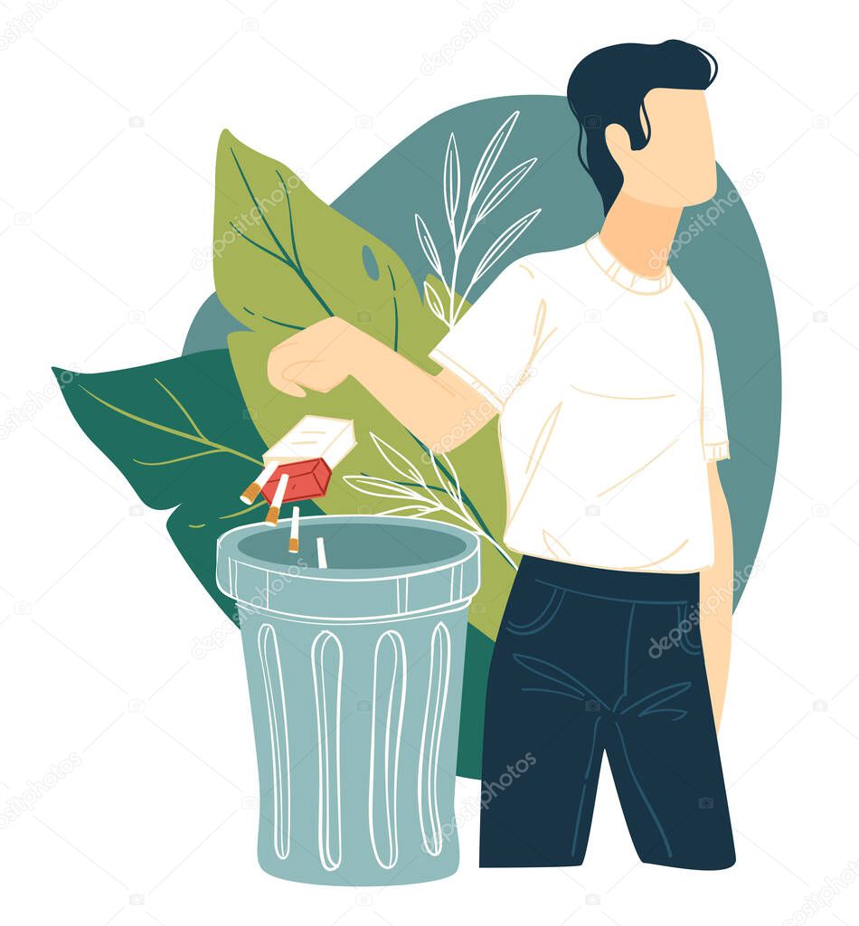 Quitting smoking and bad habits, male character throwing pack of cigarettes in trash. Healthy lifestyle and improvement of wellness of organism. Stop addiction and overcoming nicotine, vector
