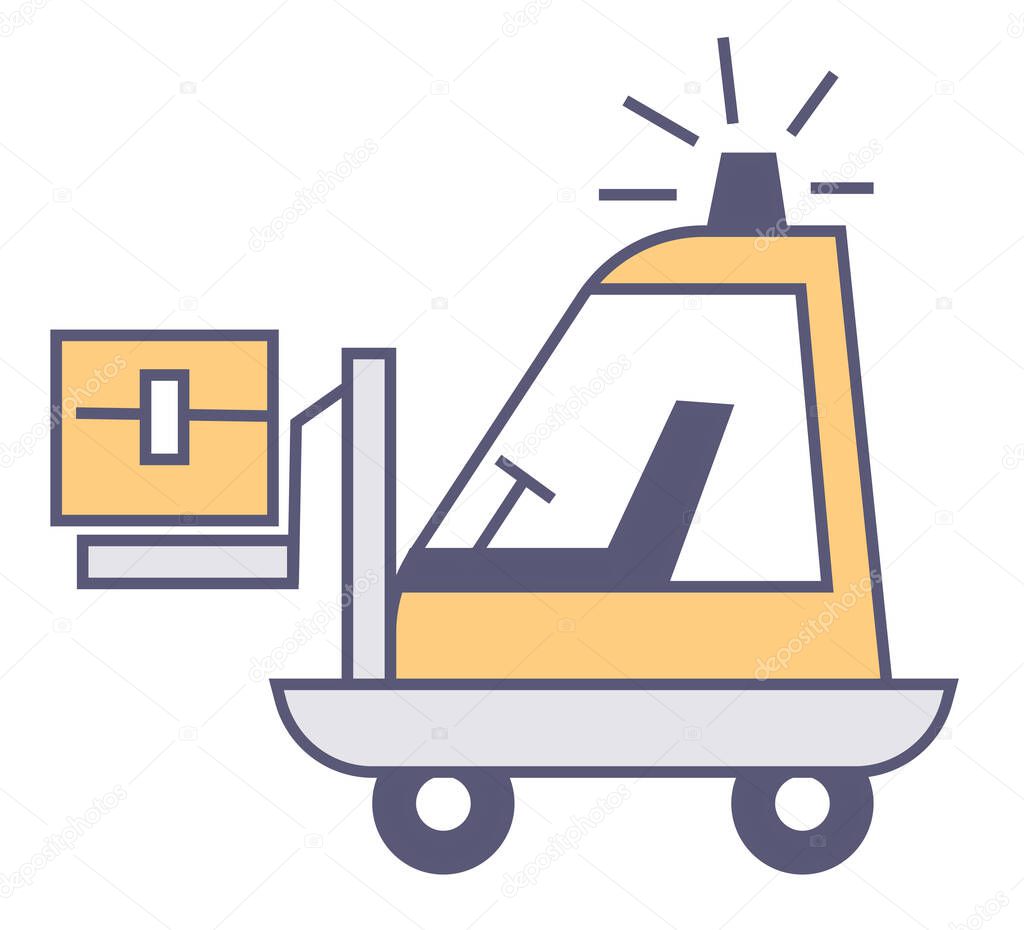 Lifter automobile transporting cardboard parcel, isolated vehicle on warehouse or small factory. Logistic services, moving freight and cargo. Delivering goods and shipments. Vector in flat style