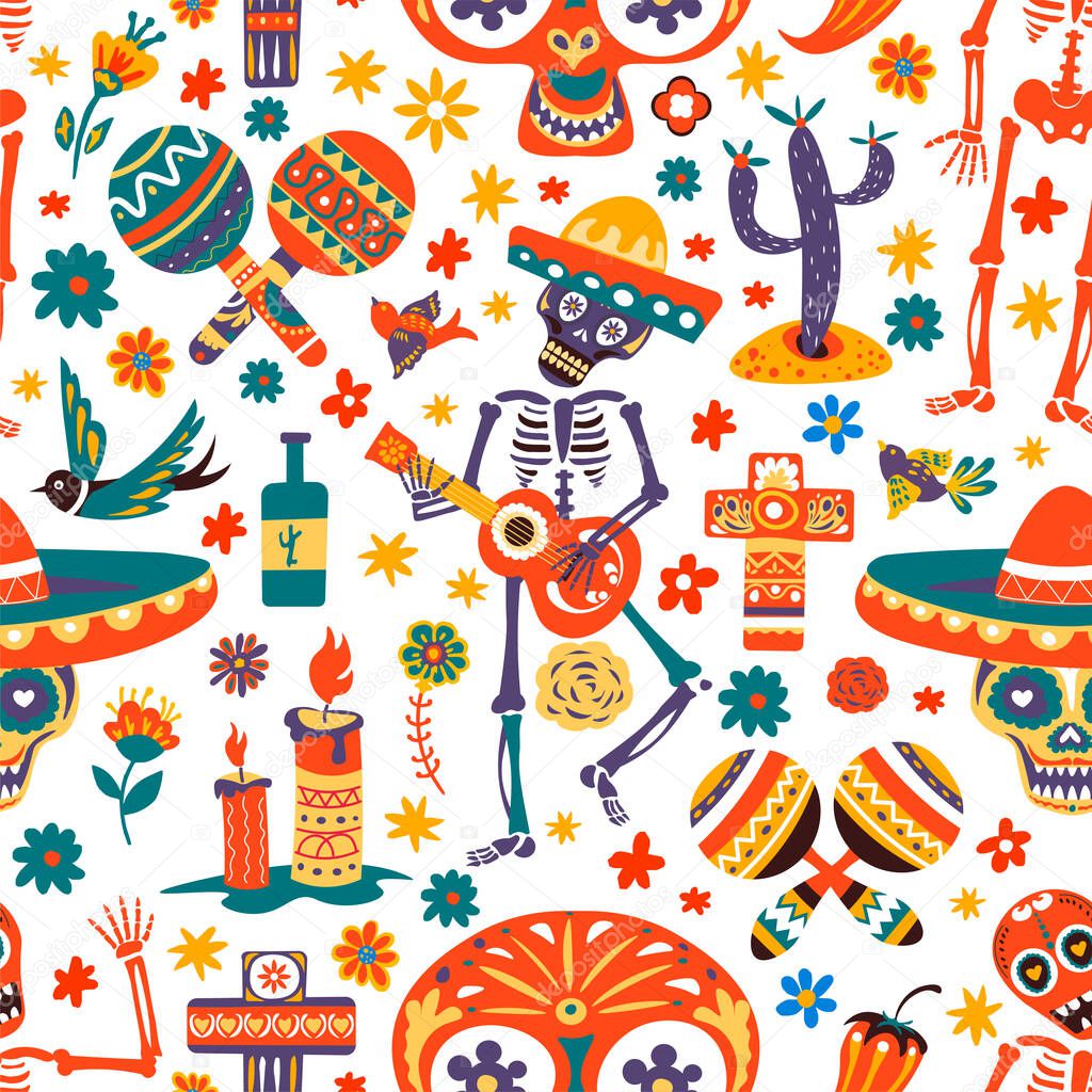 Day of the dead celebration of mexican holidays, seamless pattern of skeleton playing guitar. Dia de los muertos symbols and icons. Tequila in bottle, skull and candle, maracas and sombrero, vector