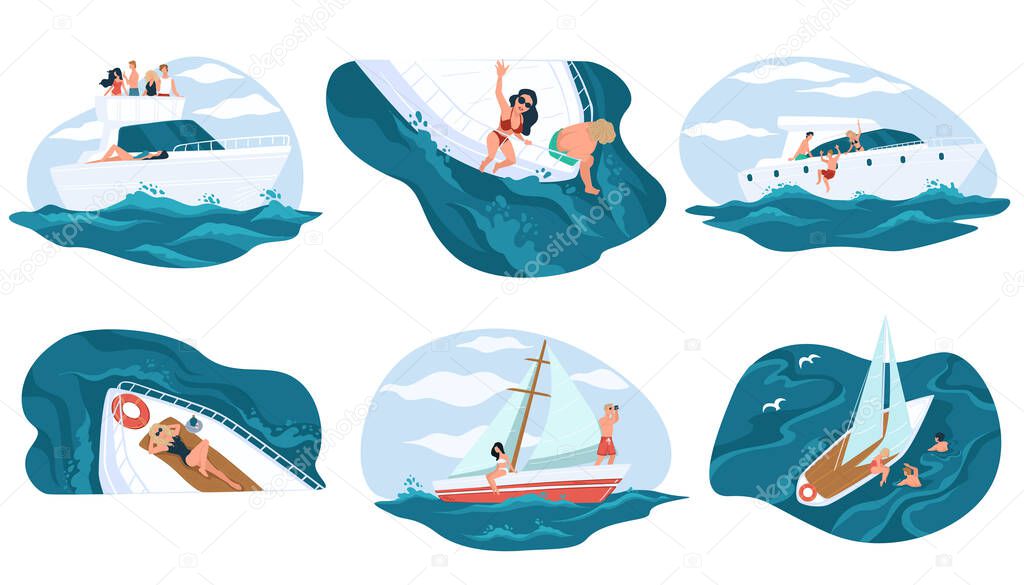 People relaxing on yacht boat in summer holidays or vacations. Character on cruise with friends. Marine adventure of personages leading luxurious lifestyle. Tourists sea walk. Vector in flat style