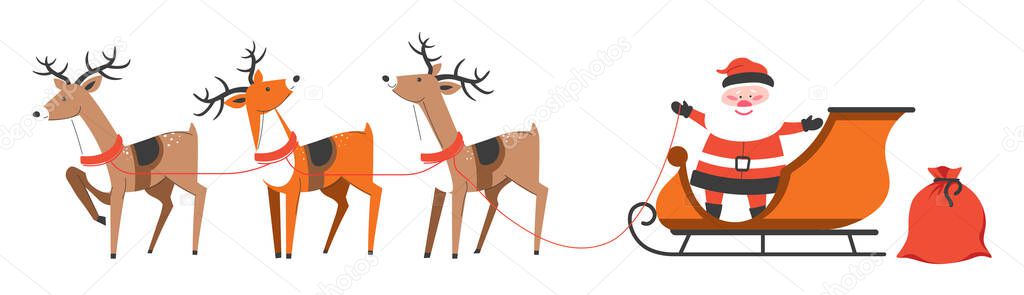 Grandfather Frost delivering presents for obedient kids on christmas and new year. Santa Claus sitting on sleigh with reindeers. Xmas deers and sleds with sack of gifts. Vector in flat style