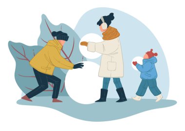 Anne ve baba ve çocuk dışarıda kardan adam yapıyorlar. Ebeveynler ve çocuklar dışarıda oyun oynuyorlar. Kış tatili ve aktiviteleri. Xmas ve yeni yıl tatili. Düz biçimli vektör