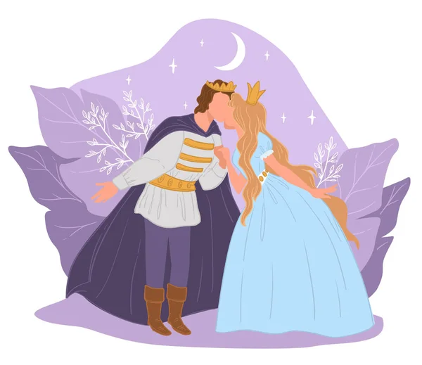 Personagens Contos Fadas Luar Príncipe Beijando Princesa Pessoas Apaixonadas Mundo —  Vetores de Stock