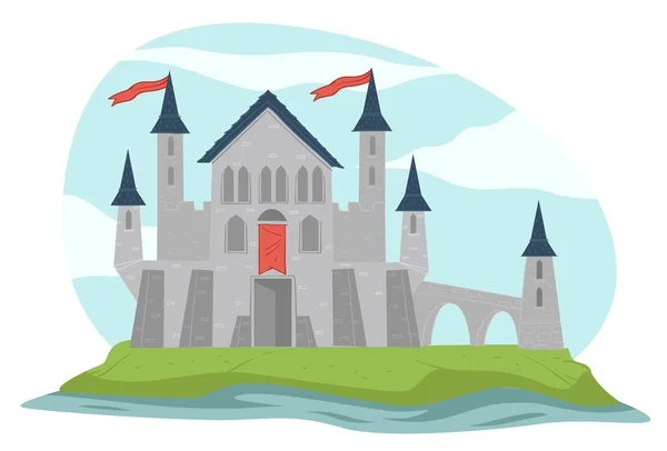 Sprookjesachtige Architectuur Middeleeuws Zicht Geïsoleerde Vesting Met Hoge Torens Vlaggen — Stockvector