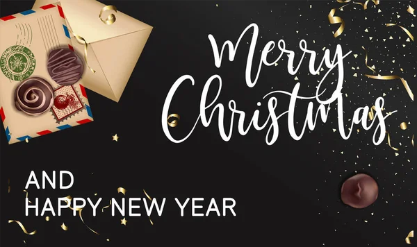 庆祝寒假 圣诞快乐 新年快乐 节日横幅 字迹文字和信封中的字母 巧克力糖果和带有金银花的糖果 矢量呈扁平型 — 图库矢量图片