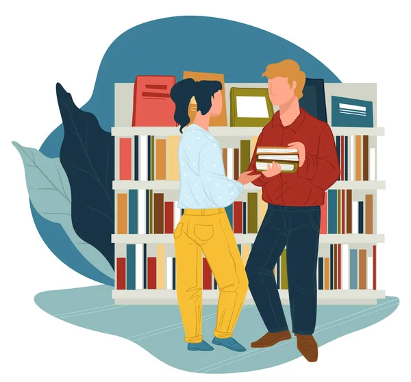 Personnage Masculin Féminin Parlant Bibliothèque Librairie Lecteurs Avec Des Publications — Image vectorielle