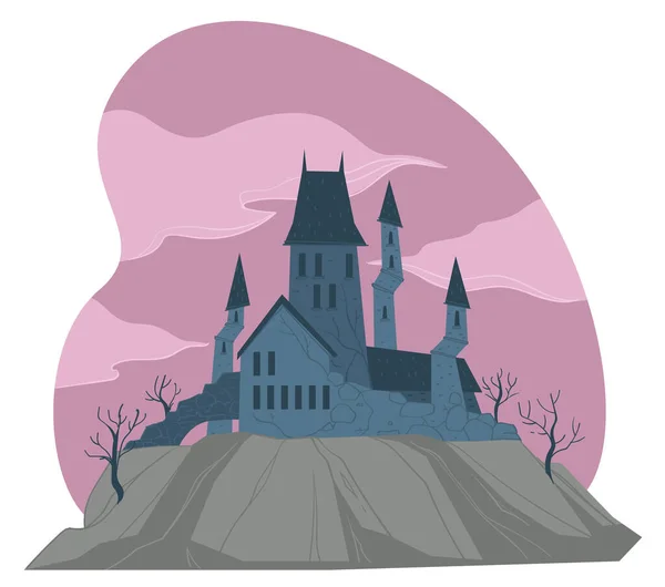 古代建築 塔と暗い中世のゴシック様式の城と自然を歓迎していません 幽霊のいるお化け屋敷 おとぎ話や神秘的な住居 悪夢や影 平型ベクトル — ストックベクタ