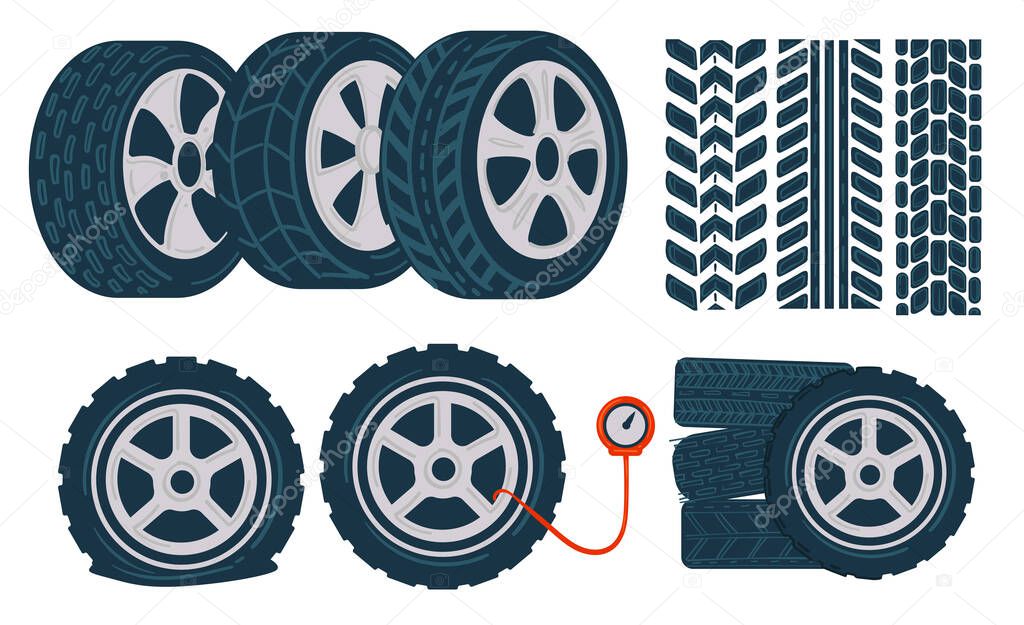 Automobile service and maintenance, isolated icons of rubber car tyres, tracks and equipment for measuring level of inflation and pressure in wheel. Checking and repairing vehicle. Vector in flat