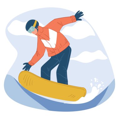 Snowboard hobisi, karlı yamaçtaki karakter. Ekstrem sporlar ve aktif yaşam tarzı, yokuş aşağı ve serbest. Kış yarışması ya da meydan okuma. Tehlikeli bir spor eğitimi. Düz biçimli vektör