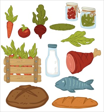 Sebze, et, ekmek ve kavanozda korunmuş yiyecek. Organik sebzeler, havuç, pancar, salatalık ve salata yaprağı. Balık ve taze süt. Doğal market ürünlerinin ikonları. Düz biçimli vektör