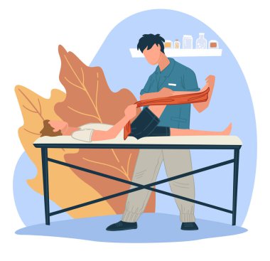 Yaralanmalar ve kol ve bacak kırıklarından sonra rehabilitasyon süreci. Sağlık hizmetleri özel tedavi ve kaslar için masaj. Masör tarafından yapılan hastalar için egzersizler. Rahatla ve çalış. Düz biçimli vektör