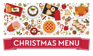 Restoranlarda ya da restoranlarda Noel 'i kutlamak için yemek ve yemekler hazırlandı. Noel tatili yemekleri. Pişmiş tatlı turtalar ve kızarmış et, kurabiyeler ve biftek, içecekler ve tatlılar. Düz biçimli vektör