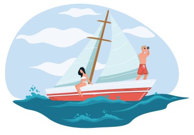 Bir çift sevgili deniz kenarında dinleniyor. Yat ya da deniz yolculuğunda zengin insanlar, iki kişilik yelkenli. Yaz tatili ve tatillerde dinlenmek. Dürbünlü çocuk. Deniz yolculuğu, düz stil vektör.