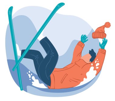 Kış sporları ve açık hava aktiviteleri pratik ve ustalık becerileri. Kayakçı karlı yamaçta ya da tepede düşüyor. Kış mevsiminde maceralar ve yaşam tarzı. Aşırı hobiler. Düz biçimli vektör