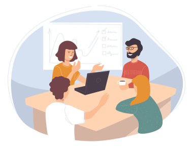 Yeni şirket projesinde çalışan çalışanlar. İnsanlar fikirleri, planlamayı, stratejiyi ve planın sunumunu tartışıyor. Beyin fırtınası seansı. Dizüstü bilgisayarları olan karakterler masada oturuyor. Düz biçimli vektör