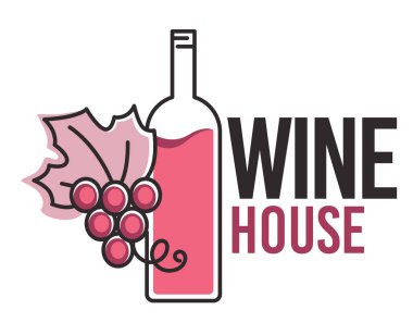 Alkolik içki üretimi ya da depolama, şarap evi amblemi ya da bir şişe içecek ve yapraklı üzüm etiketi. Geleneksel içki profesyonelce yapılmış. Degukasyon ve tatma. Düz vektör