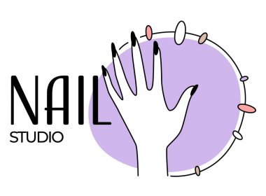 Tırnak cilası ve sanat salonu, tırnak atölyesi amblemi ya da kadın eli logoti ve renkleri ve tasarımı olan örnekler. Mesaj, manikür ve pedikür ile amblem. Düz biçimli vektör