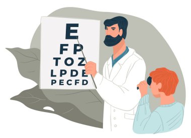 Oftalmoloji ve sağlık hizmetleri, doktor gemide mektup gösteren çocuğu kontrol ediyor. Klinikte çocuk kontrolü, görme ve tedavi. Profesyonel göz doktorunun yardımı. Doktor vektöründe randevu
